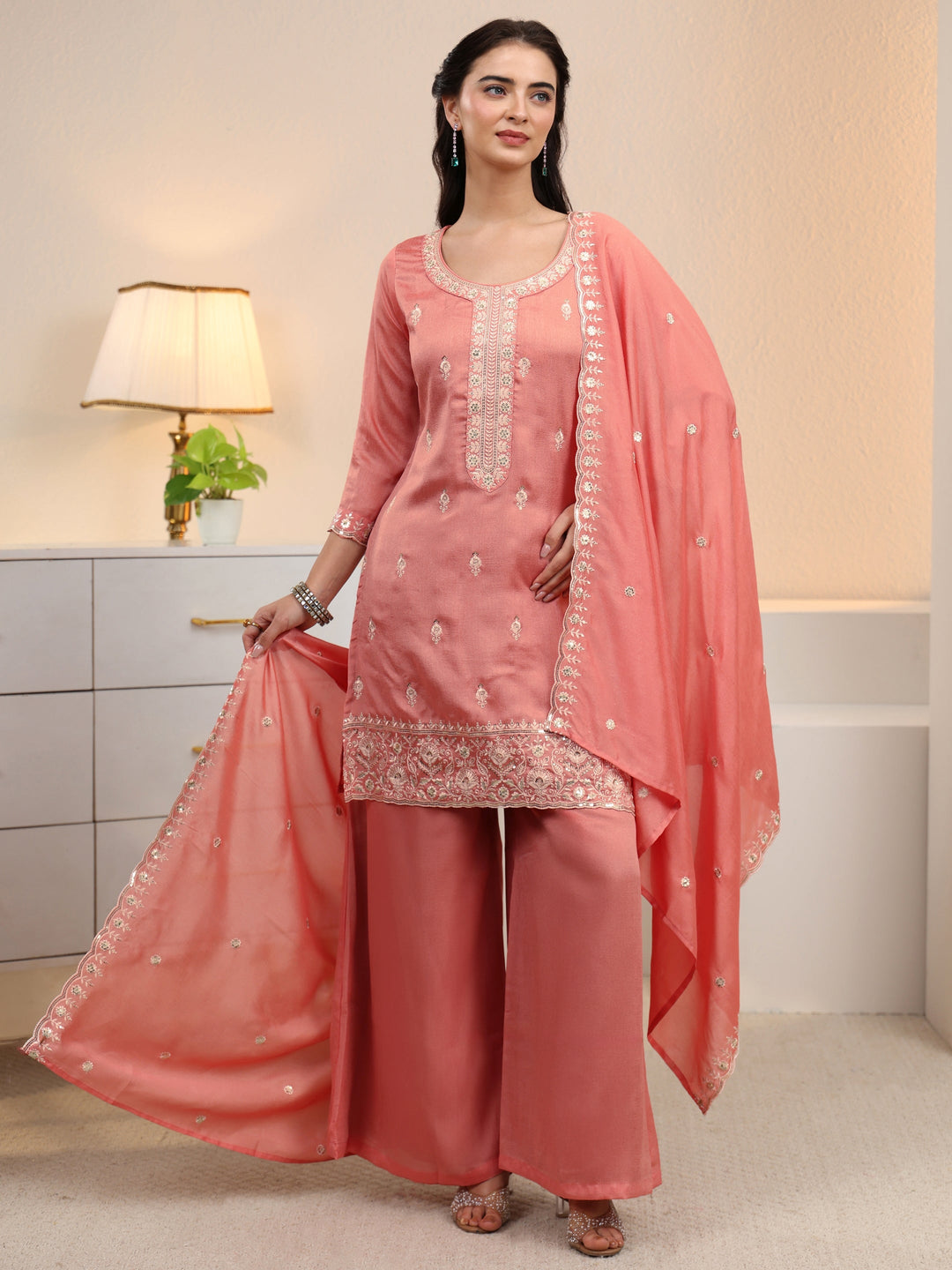 Libas Peach Pink Floral Embroidered Silk Blend Palazzo Suit Set