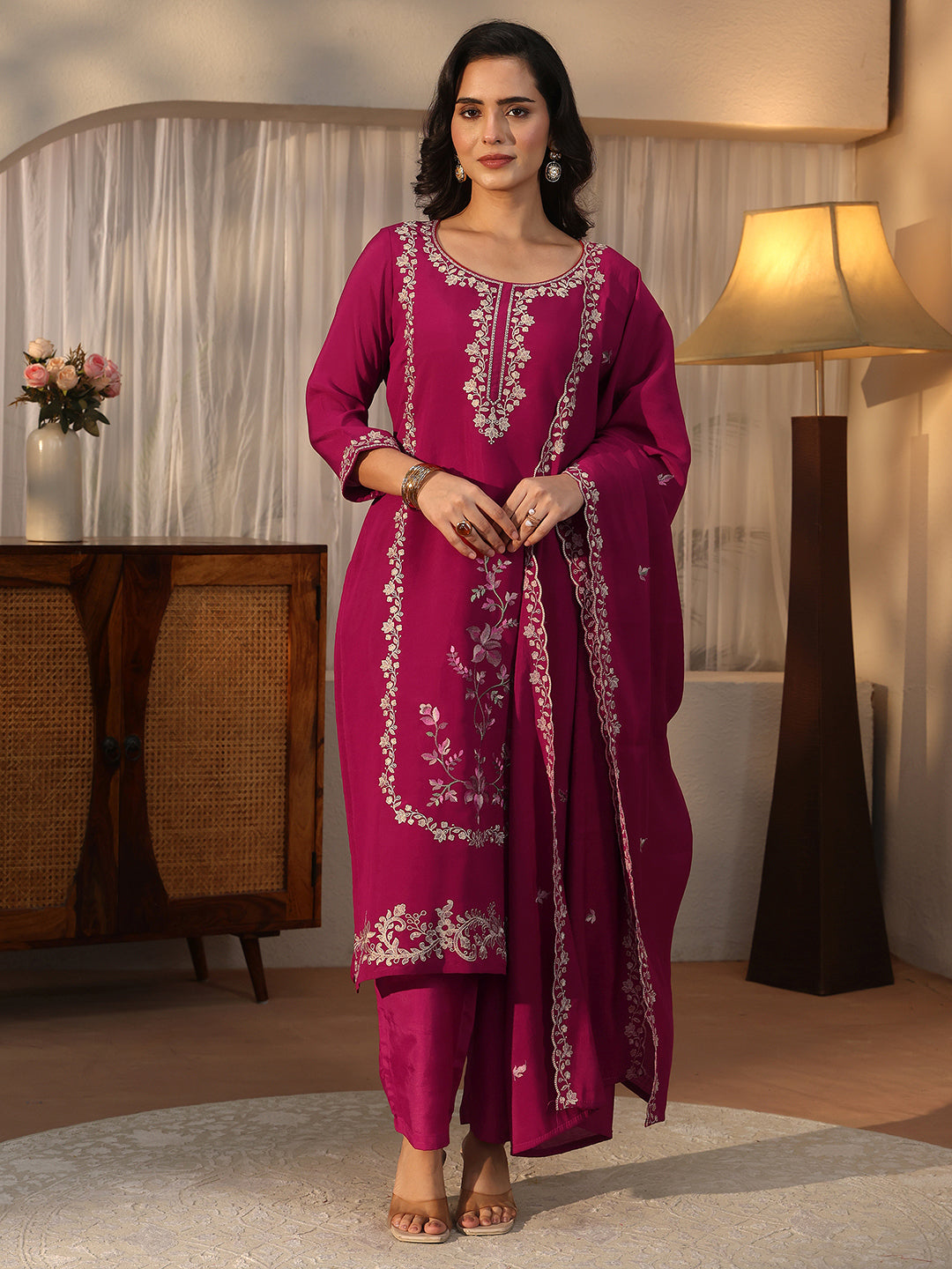 Libas Pink Floral Embroidered Silk Blend Straight Suit Set