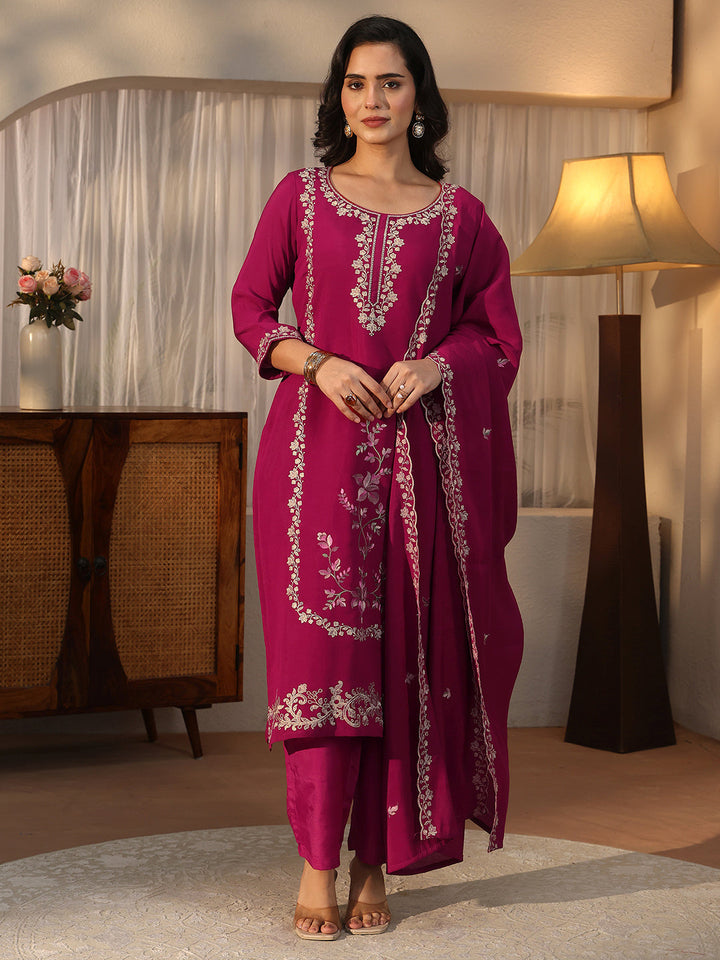 Libas Pink Floral Embroidered Silk Blend Straight Suit Set