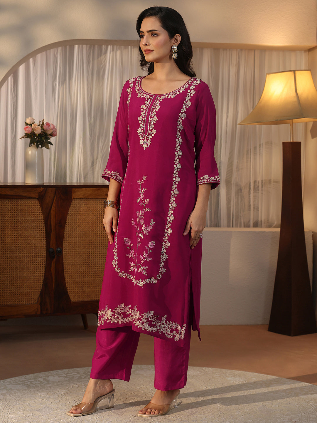 Libas Pink Floral Embroidered Silk Blend Straight Suit Set