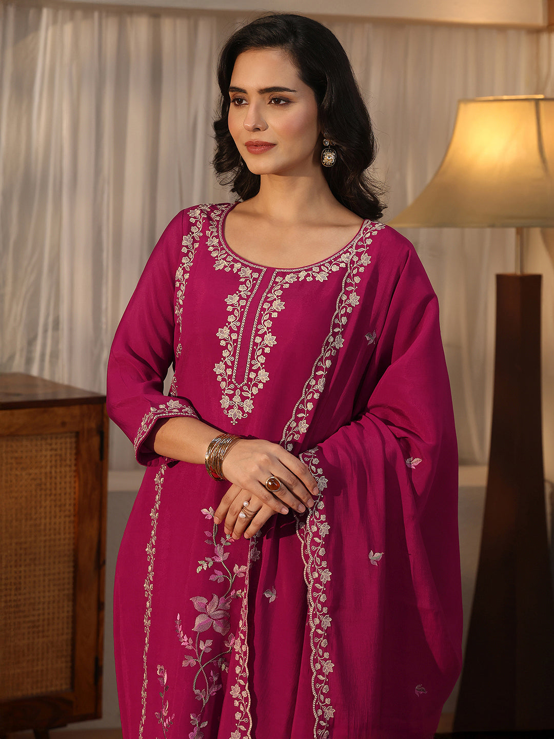 Libas Pink Floral Embroidered Silk Blend Straight Suit Set