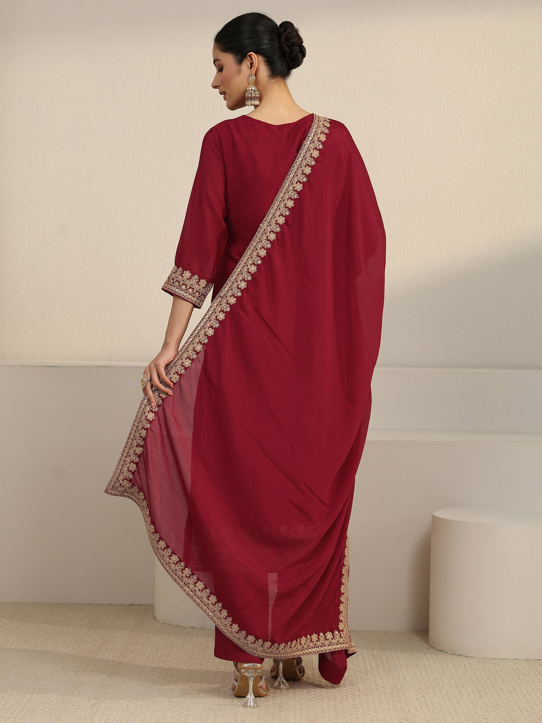 Libas Maroon Yoke Embroidered Chinon Straight Suit Set
