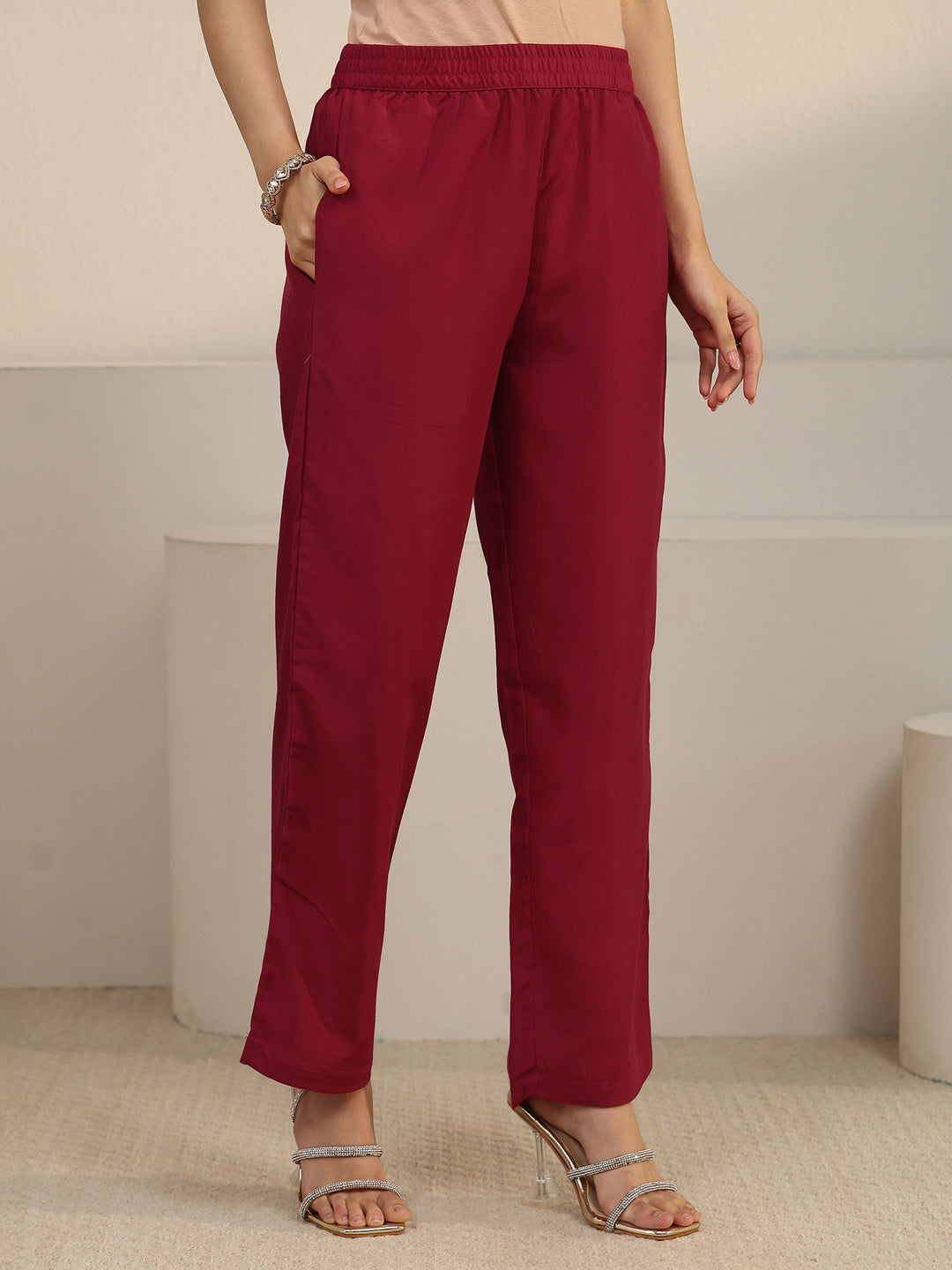 Libas Maroon Yoke Embroidered Chinon Straight Suit Set
