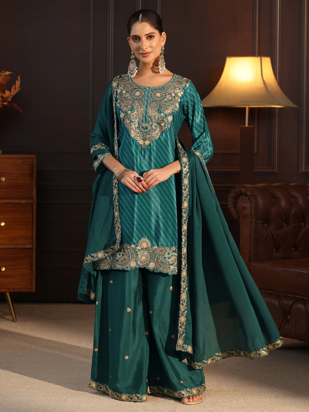 Libas Sacramento Green Paisley Embellished Chinon Palazzo Suit Set