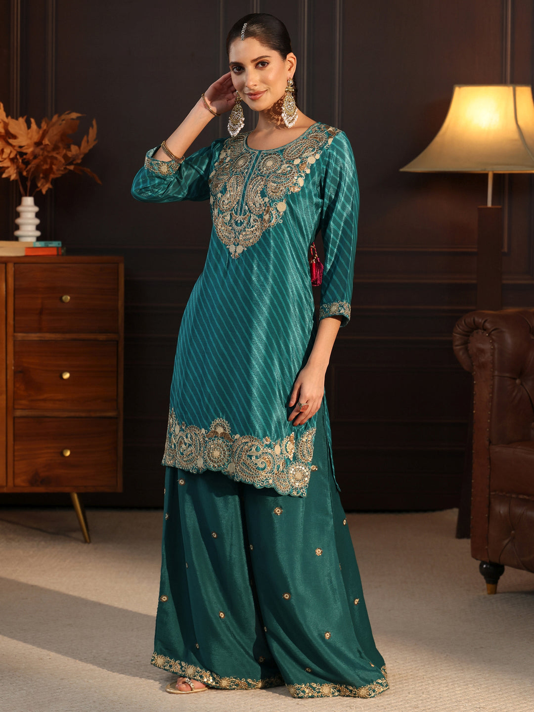 Libas Sacramento Green Paisley Embellished Chinon Palazzo Suit Set