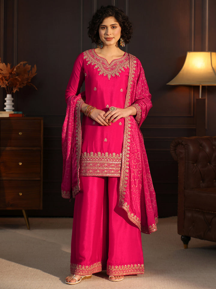 Libas Rani Pink Embellished Chinon Palazzo Suit Set