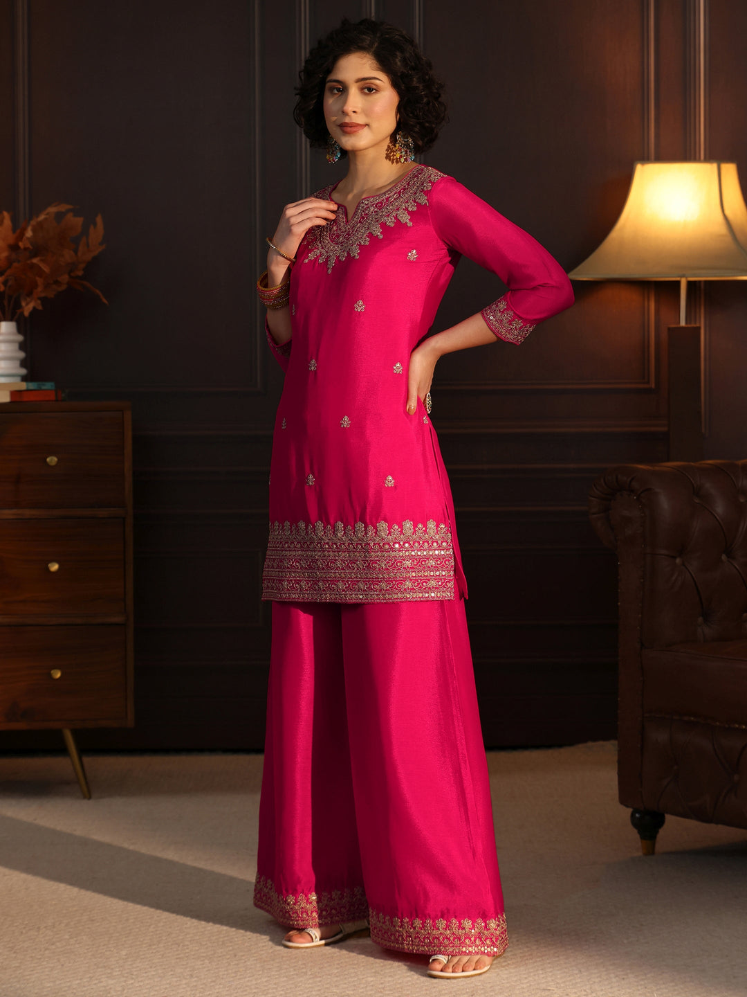 Libas Rani Pink Embellished Chinon Palazzo Suit Set
