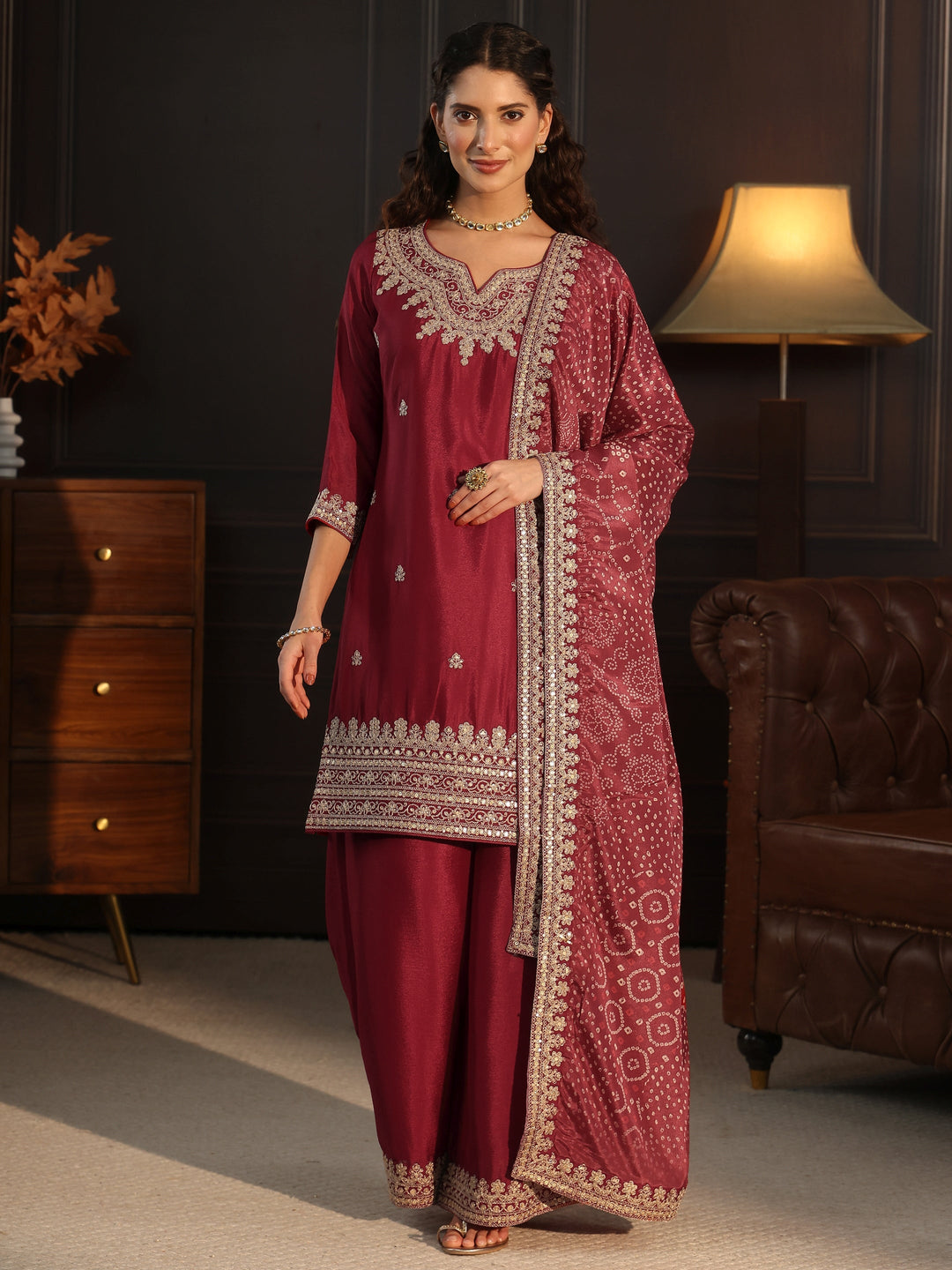 Libas Ruby Red Sequin Embellished Chinon Palazzo Suit Set