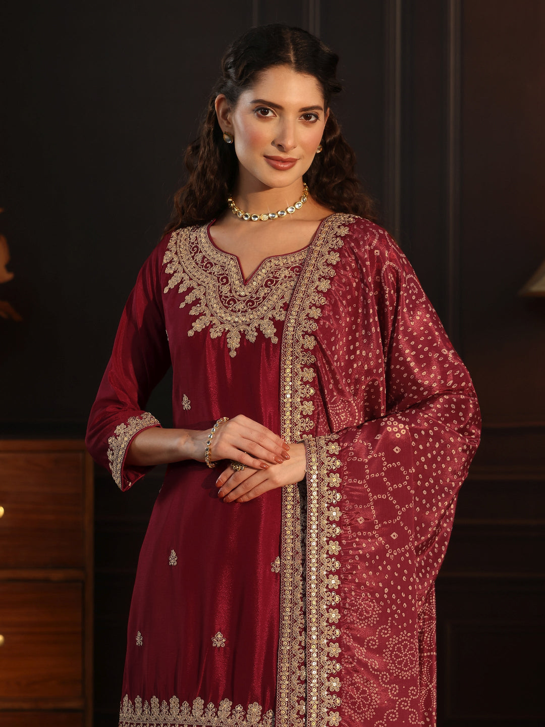 Libas Ruby Red Sequin Embellished Chinon Palazzo Suit Set
