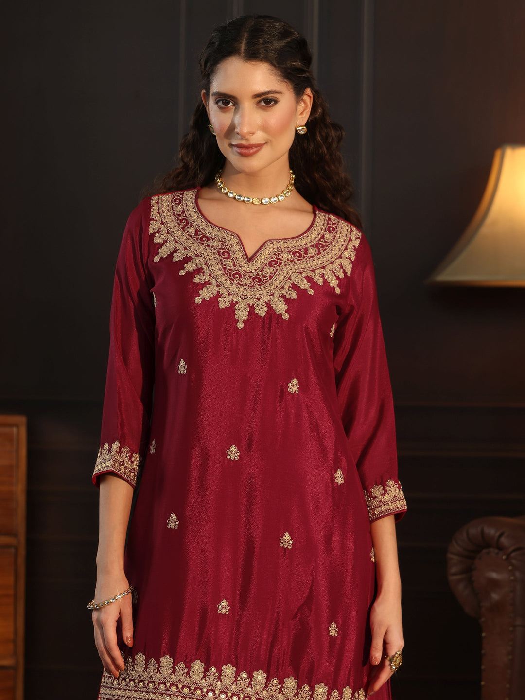 Libas Ruby Red Sequin Embellished Chinon Palazzo Suit Set