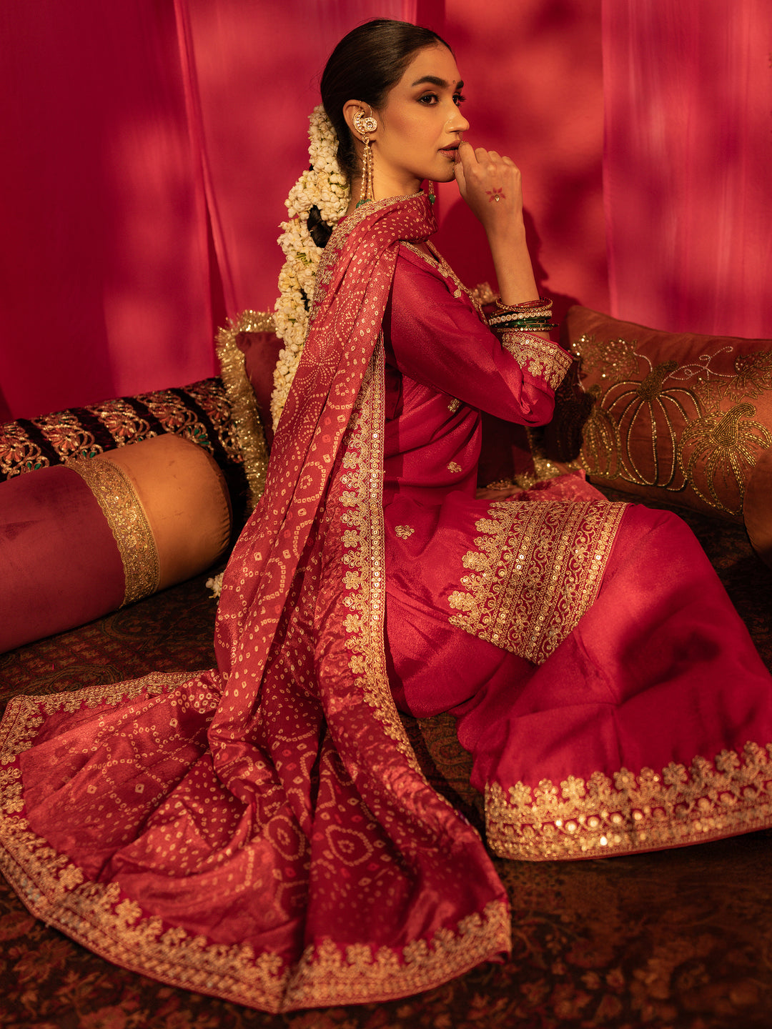 Libas Maahi Ruby Red Sequin Embellished Chinon Palazzo Suit Set
