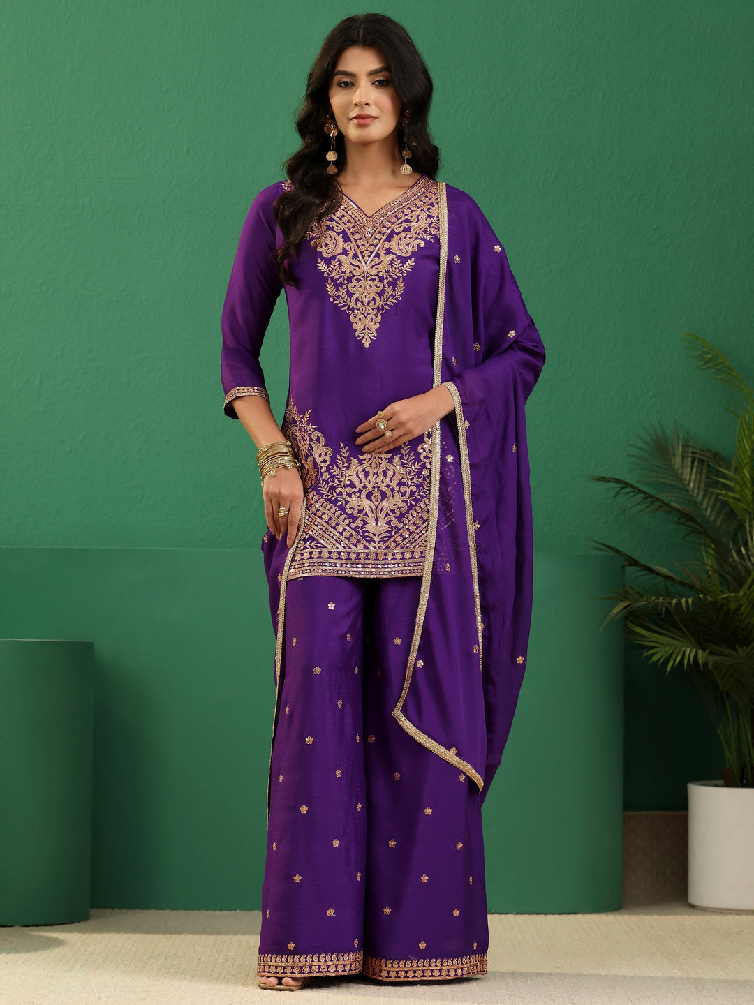 Libas Violet Yoke Design Chinon Palazzo Suit Set