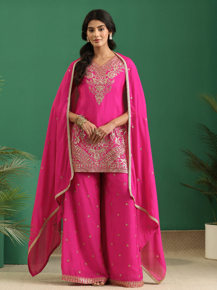 Libas Hot Pink Yoke Design Chinon Palazzo Suit Set