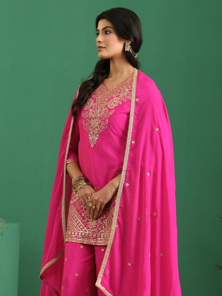 Libas Hot Pink Yoke Design Chinon Palazzo Suit Set