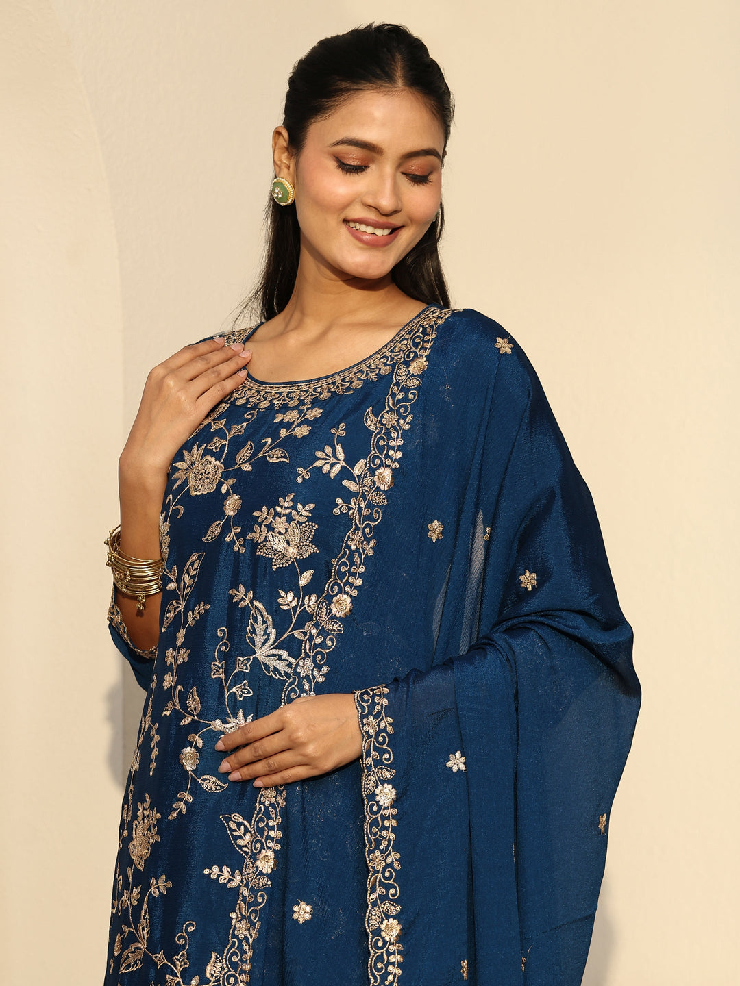 Libas Navy Blue Floral Embroidered Chinon Palazzo Suit Set