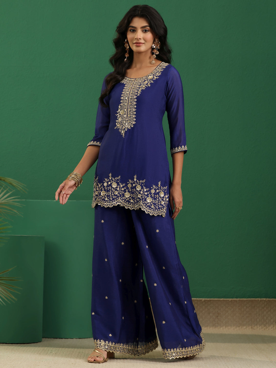Libas Royal Blue Floral Embellished Chinon Palazzo Suit Set