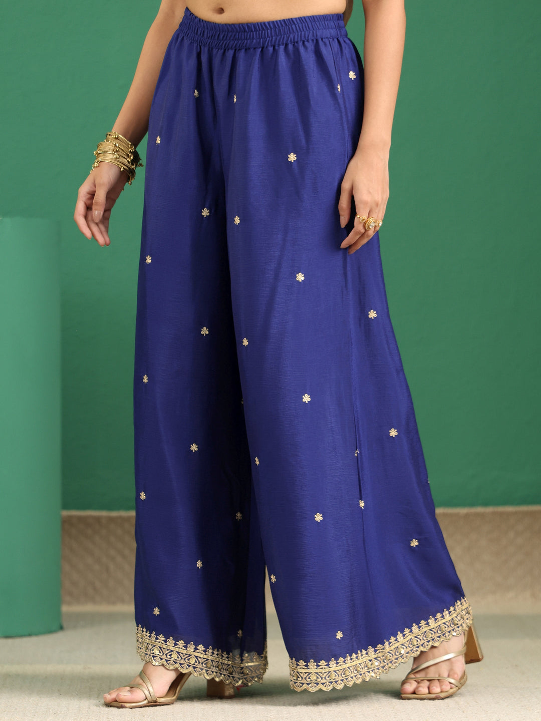 Libas Royal Blue Floral Embellished Chinon Palazzo Suit Set