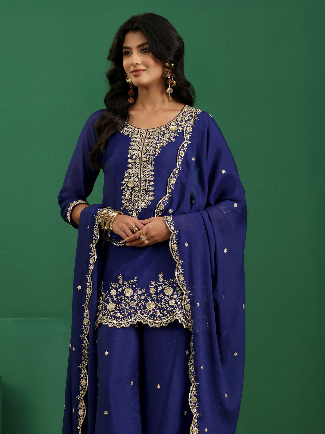 Libas Royal Blue Floral Embellished Chinon Palazzo Suit Set