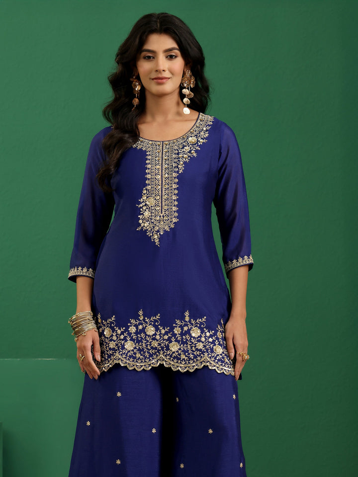 Libas Royal Blue Floral Embellished Chinon Palazzo Suit Set