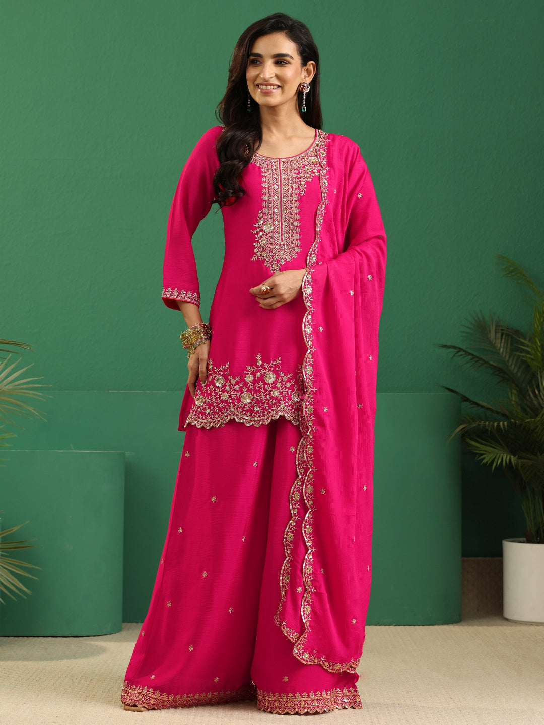 Libas Fuchsia Pink Floral Embellished Chinon Palazzo Suit Set