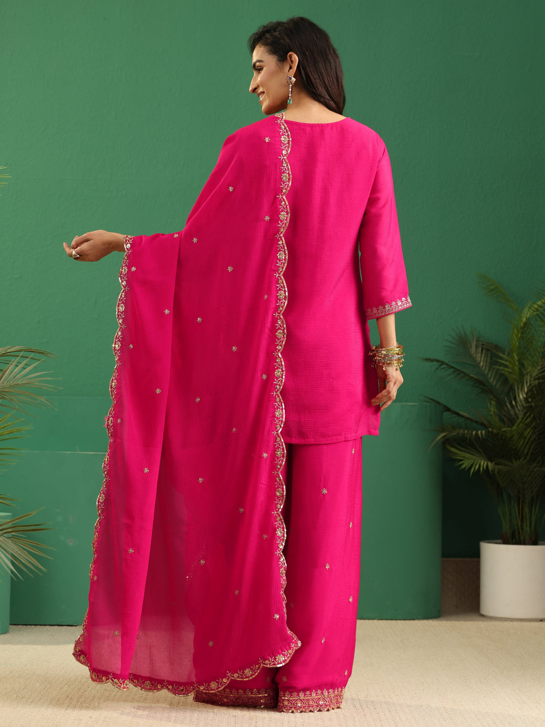 Libas Fuchsia Pink Floral Embellished Chinon Palazzo Suit Set