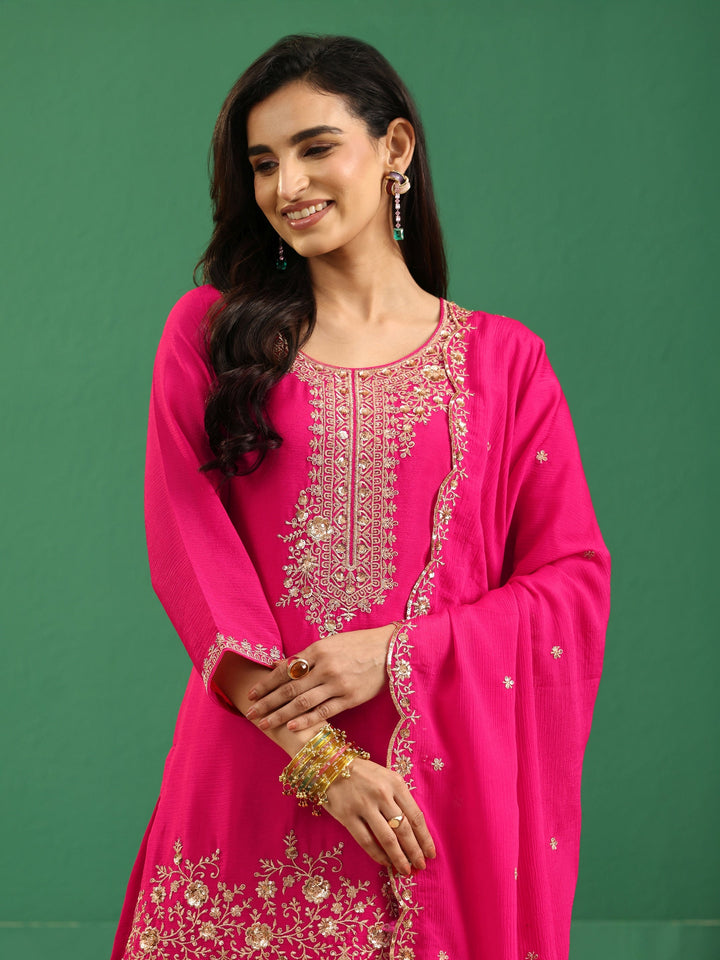 Libas Fuchsia Pink Floral Embellished Chinon Palazzo Suit Set