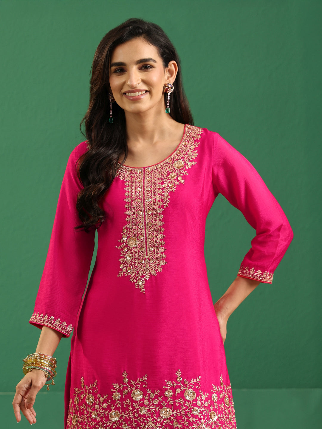 Libas Fuchsia Pink Floral Embellished Chinon Palazzo Suit Set
