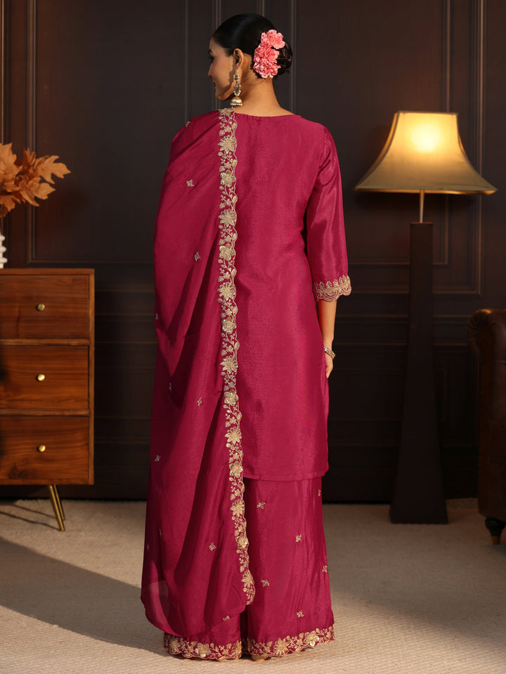 Libas Rani Pink Floral Embroidered Chinon Palazzo Suit Set