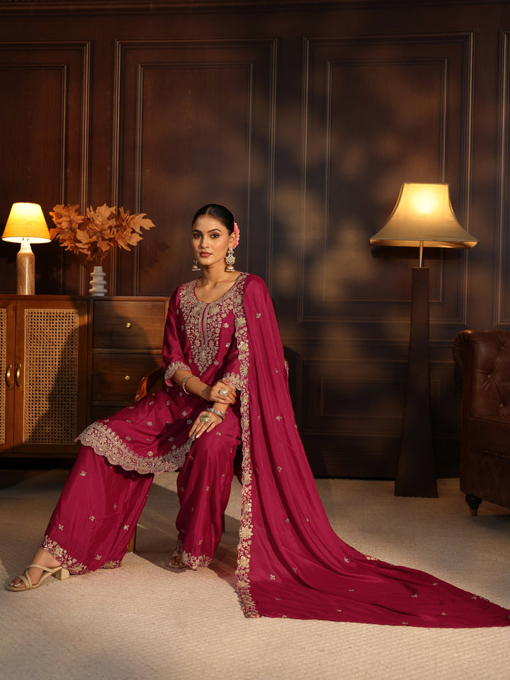 Libas Rani Pink Floral Embroidered Chinon Palazzo Suit Set