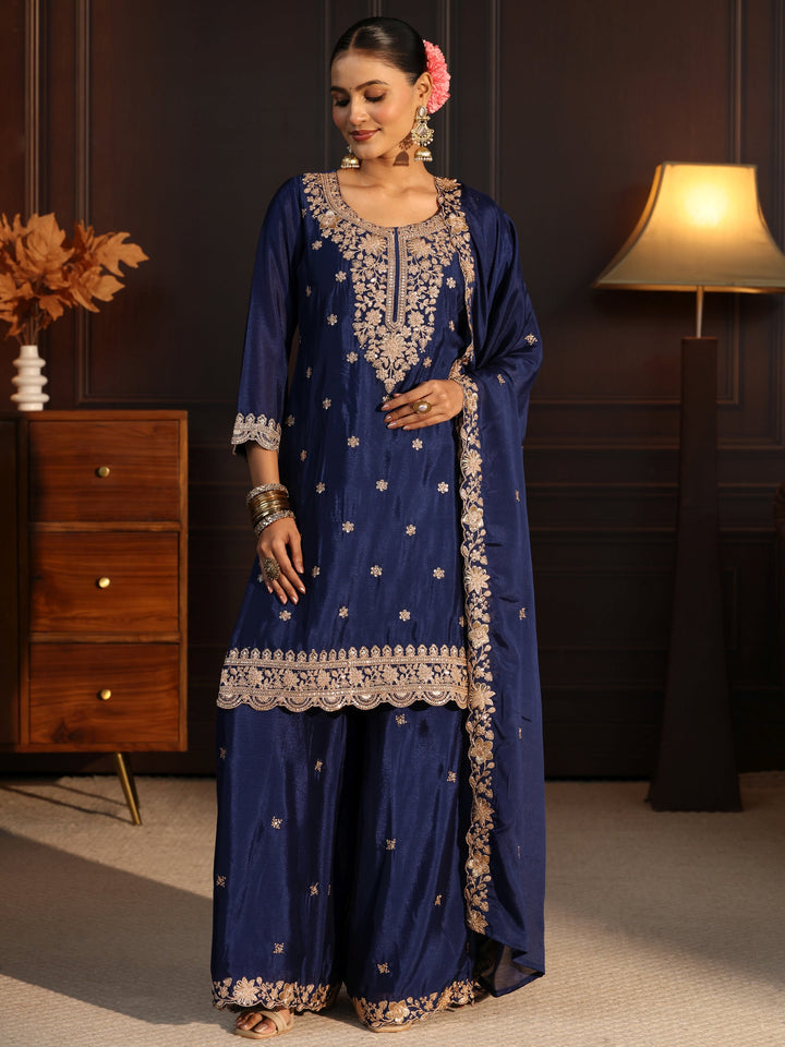 Libas Navy Blue Floral Embroidered Chinon Palazzo Suit Set