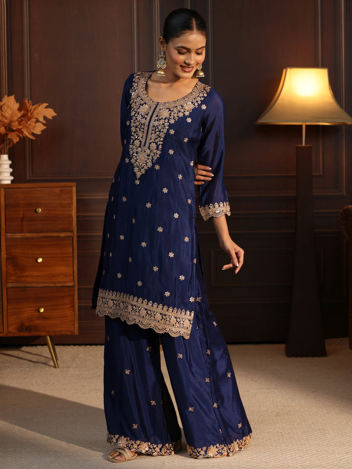Libas Navy Blue Floral Embroidered Chinon Palazzo Suit Set