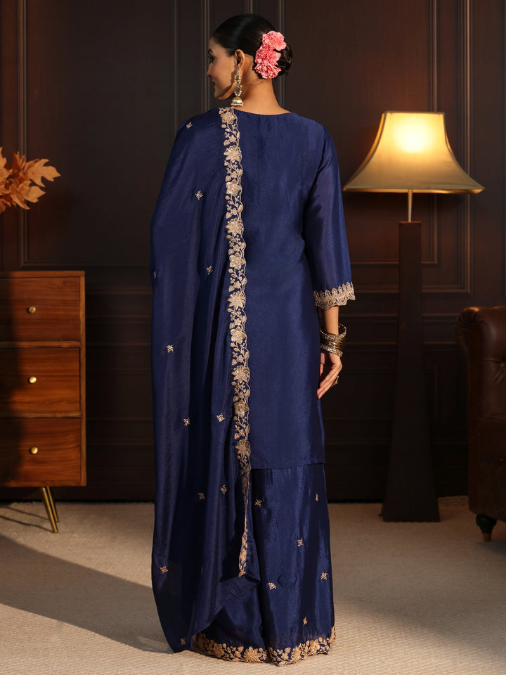 Libas Navy Blue Floral Embroidered Chinon Palazzo Suit Set