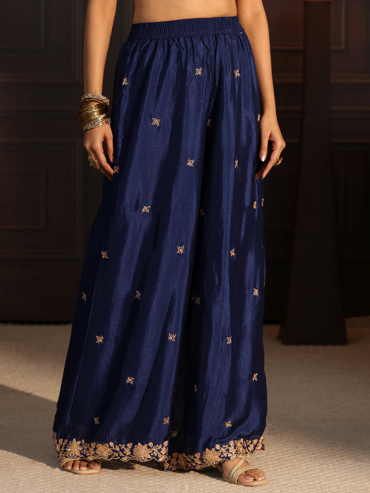 Libas Navy Blue Floral Embroidered Chinon Palazzo Suit Set