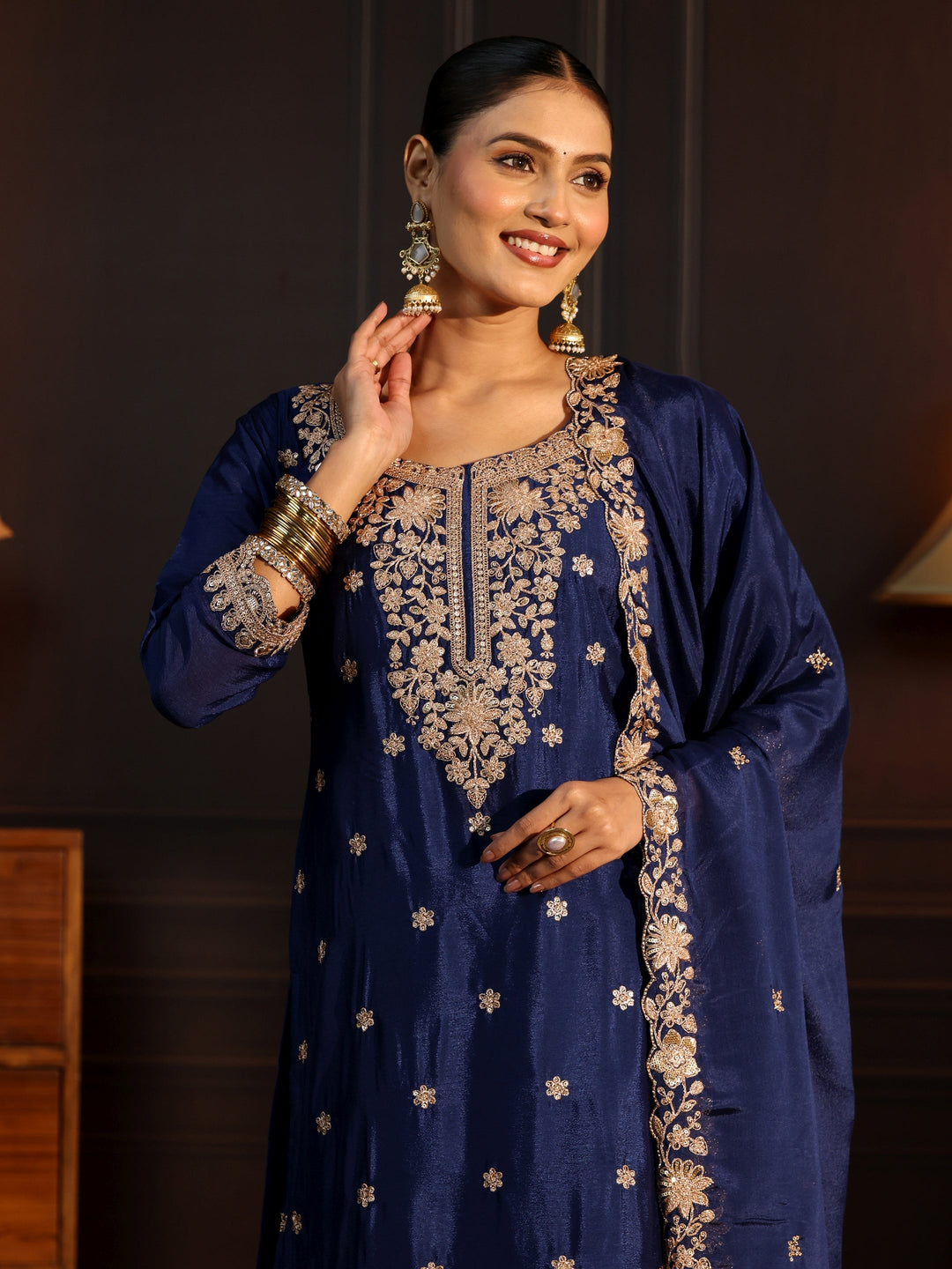 Libas Navy Blue Floral Embroidered Chinon Palazzo Suit Set