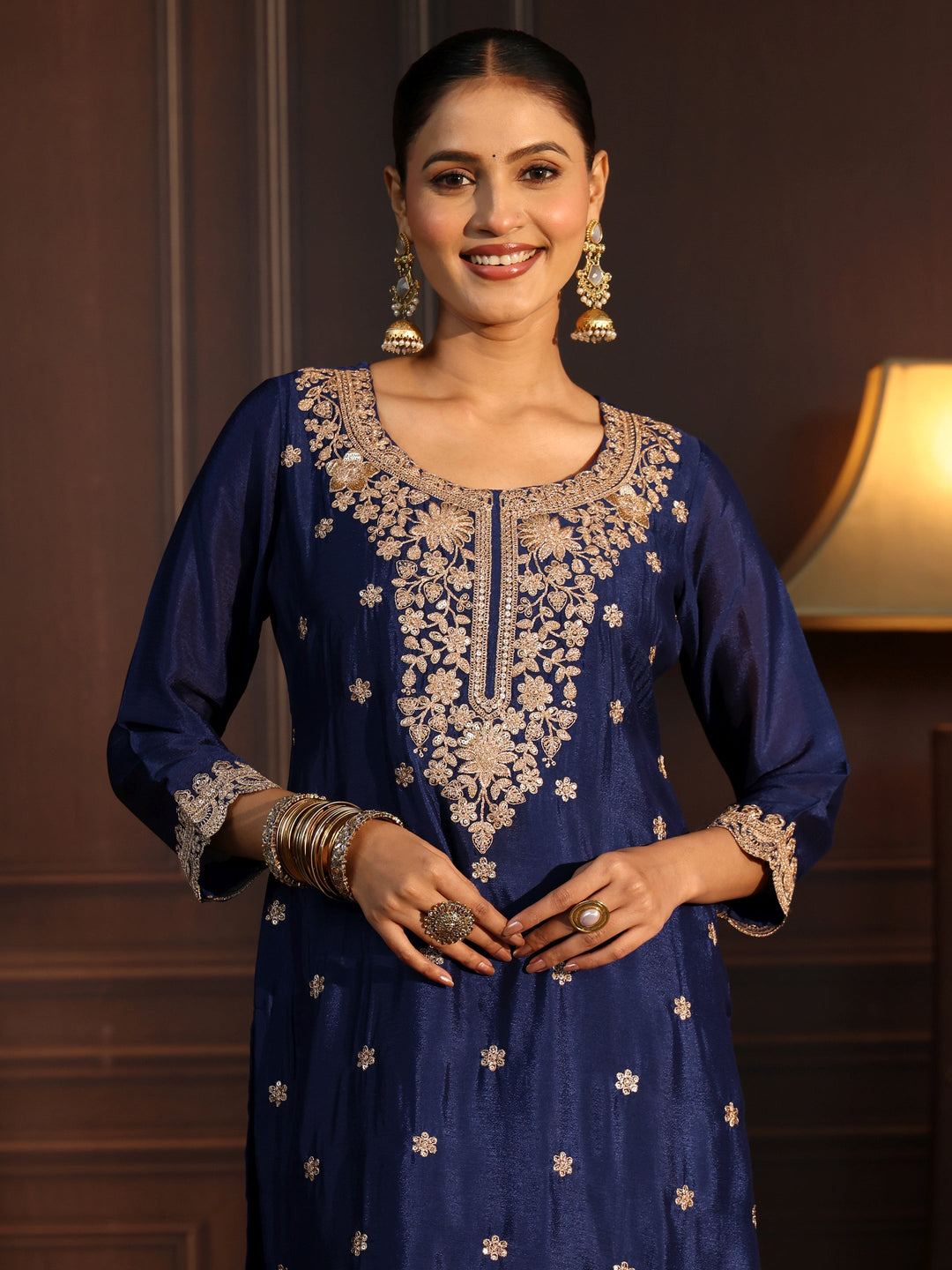 Libas Navy Blue Floral Embroidered Chinon Palazzo Suit Set