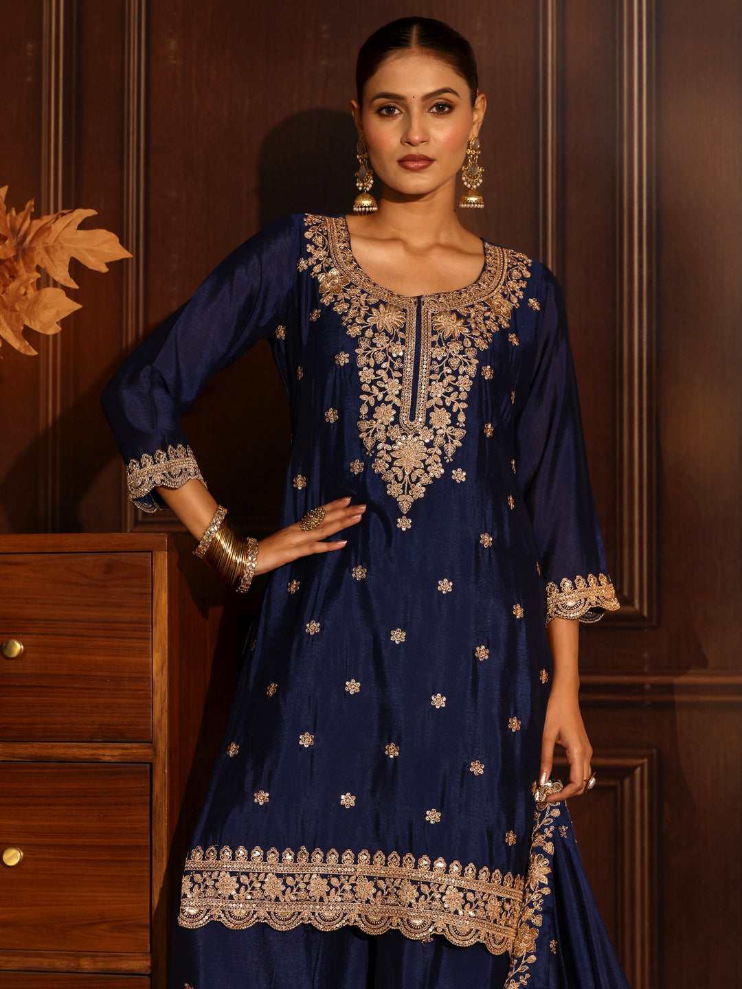 Libas Navy Blue Floral Embroidered Chinon Palazzo Suit Set