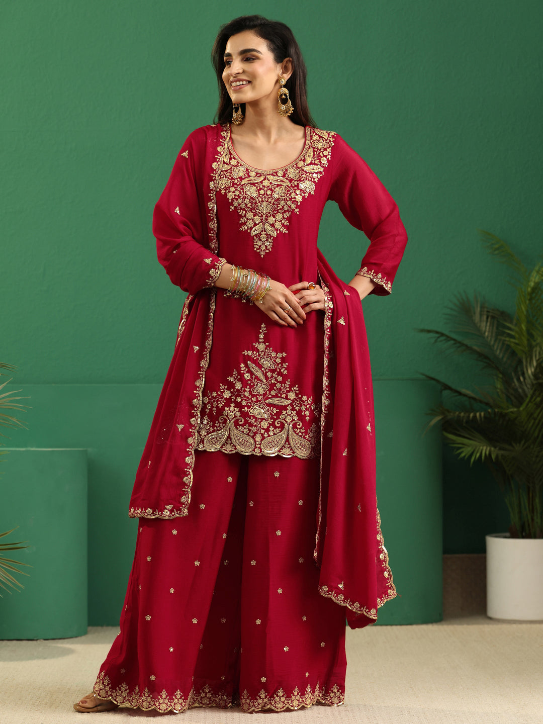 Libas Crimson Red Paisley Embellished Chinon Palazzo Suit Set