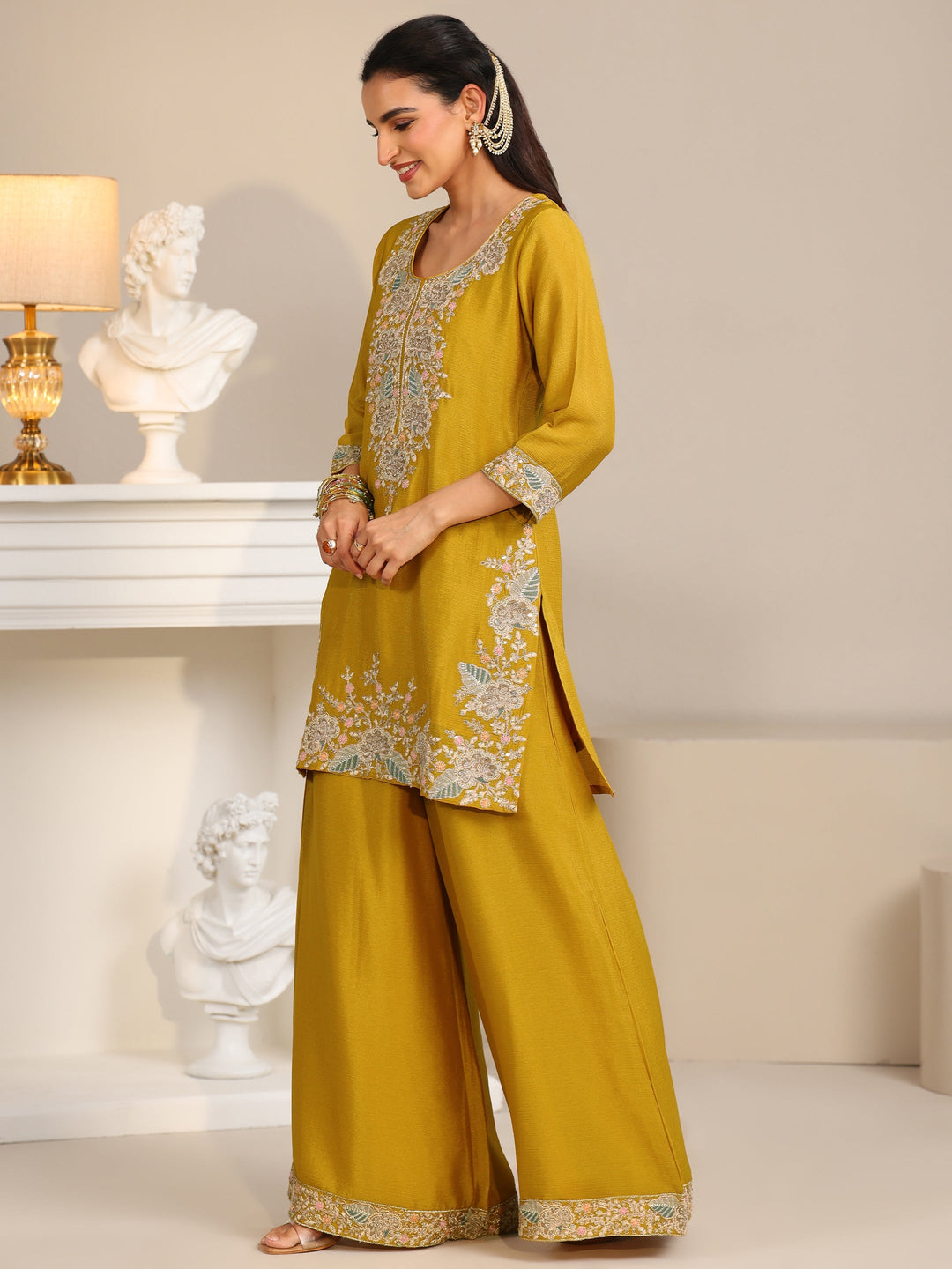 Libas Mustard Floral Embroidered Chinon Straight Suit Set