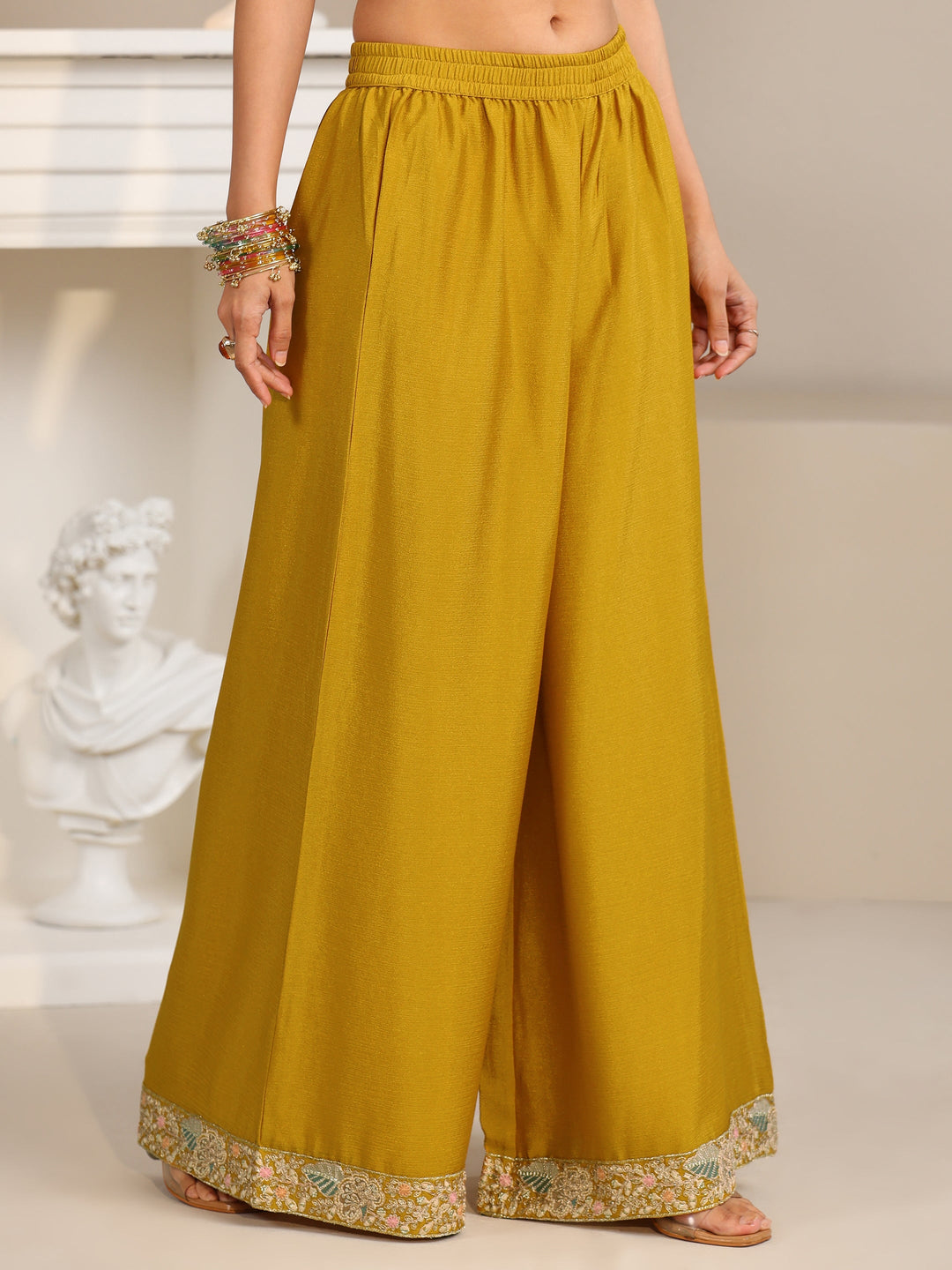 Libas Mustard Floral Embroidered Chinon Straight Suit Set