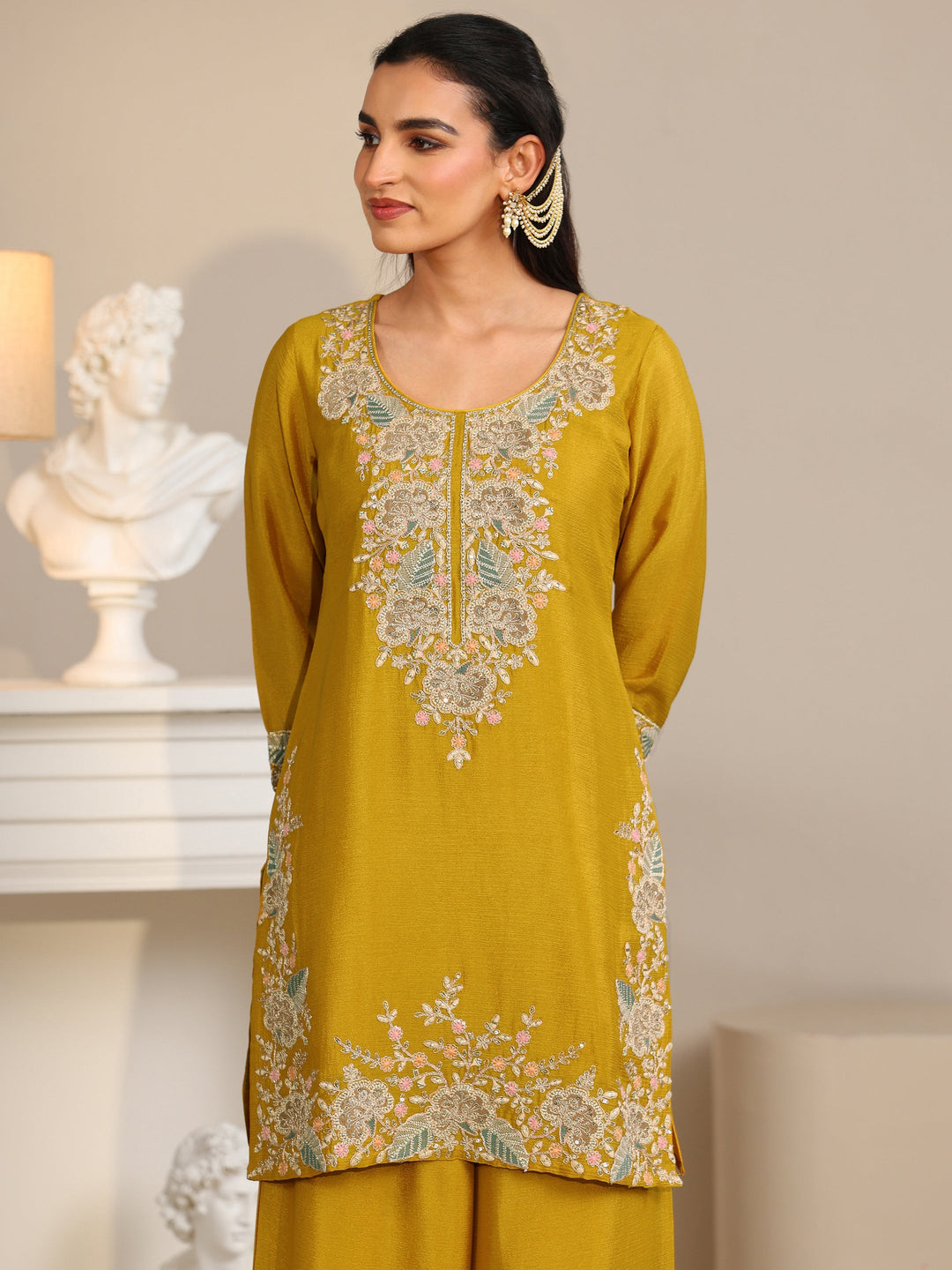 Libas Mustard Floral Embroidered Chinon Straight Suit Set