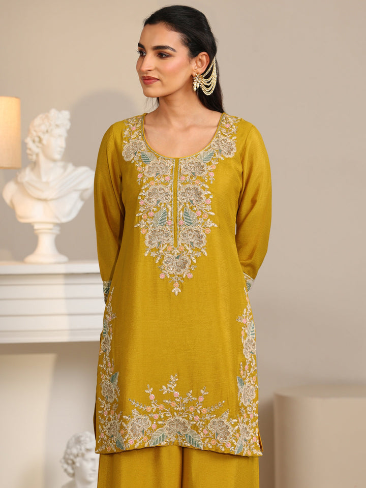 Libas Mustard Floral Embroidered Chinon Straight Suit Set