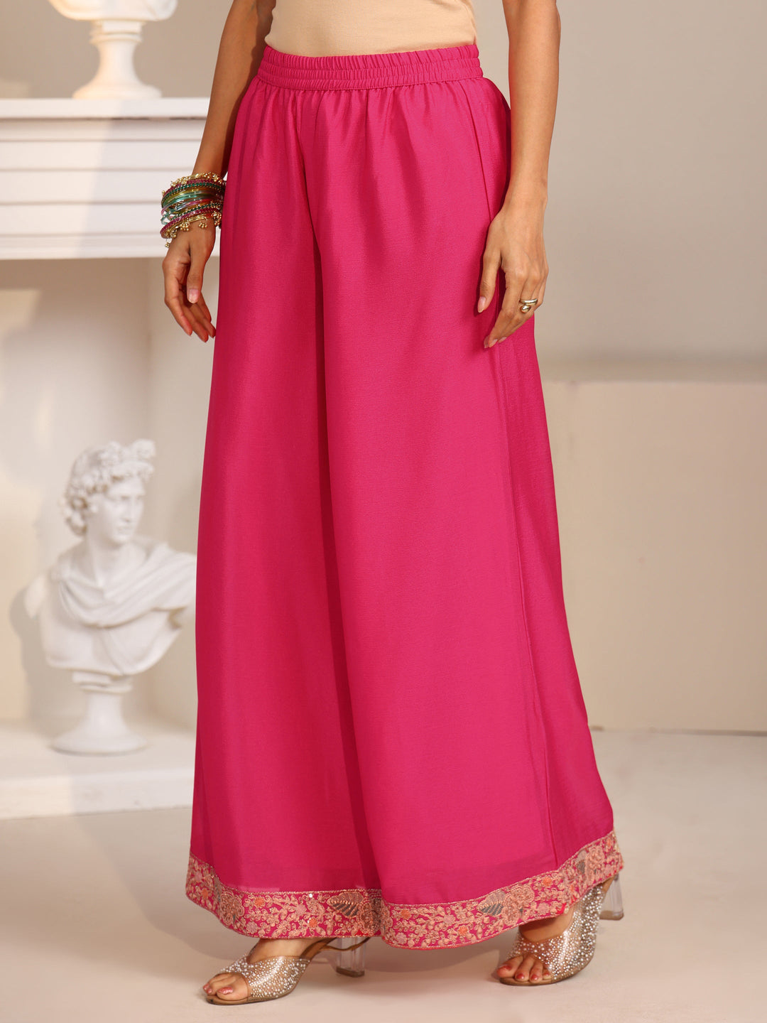 Libas Fuchsia Pink Floral Embroidered Chinon Straight Suit Set