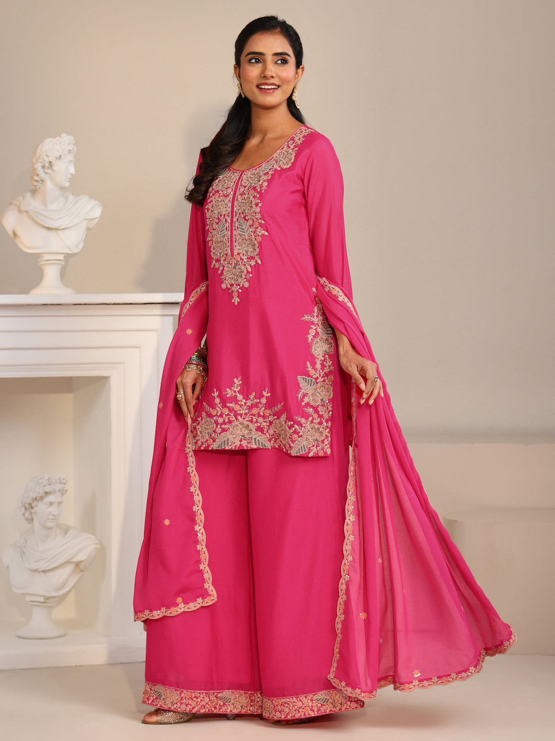 Libas Fuchsia Pink Floral Embroidered Chinon Straight Suit Set