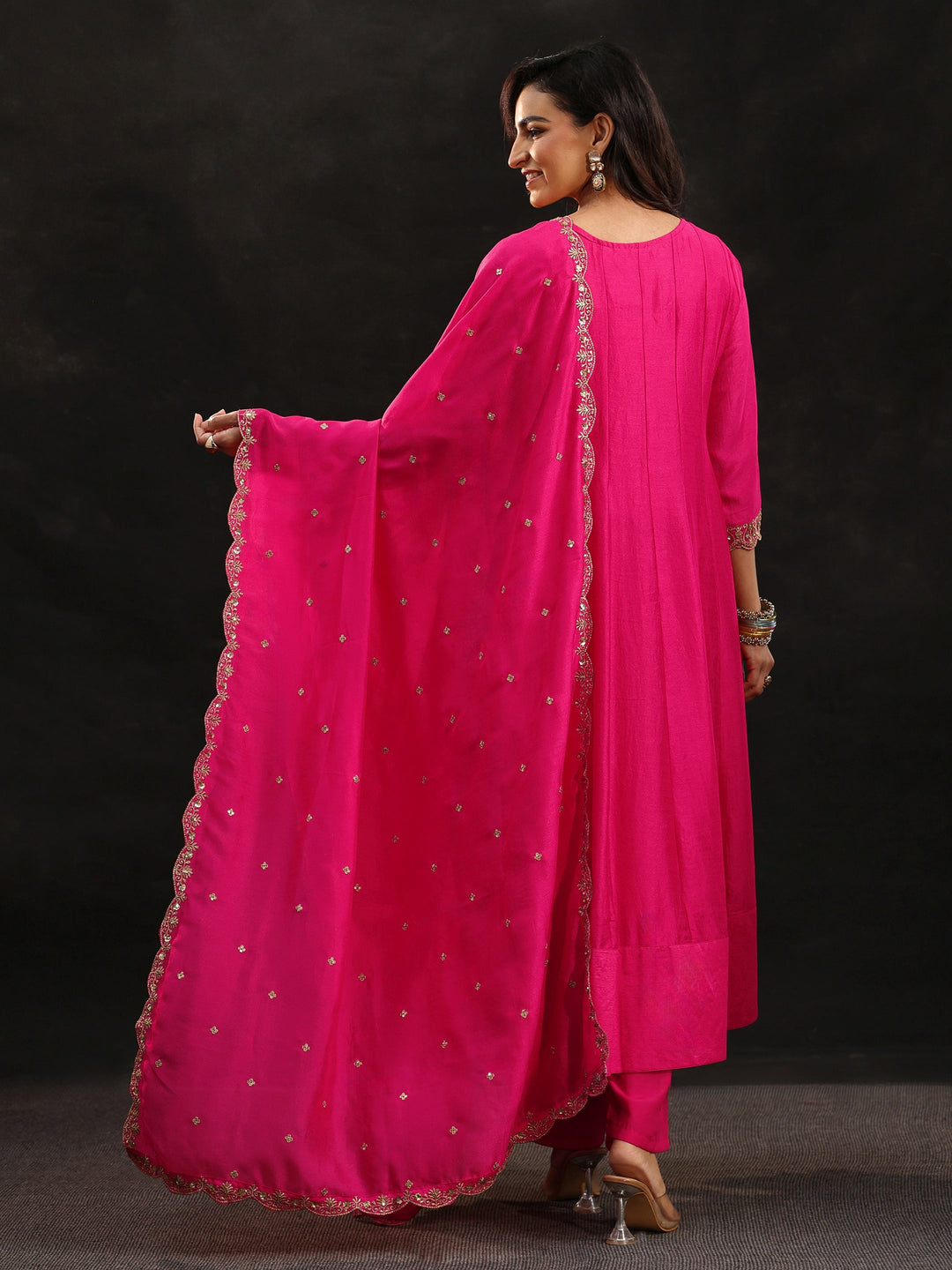 Libas Fuschia Pink Floral Embellished  Silk Blend Anarkali Suit Set