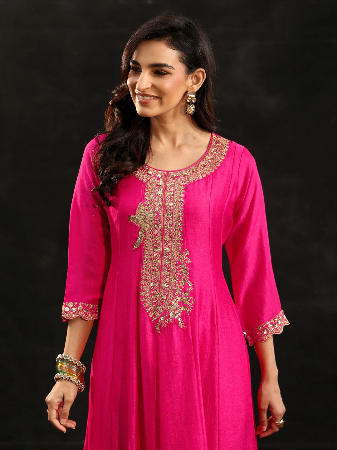 Libas Fuschia Pink Floral Embellished  Silk Blend Anarkali Suit Set