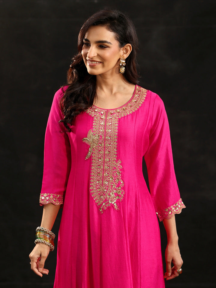 Libas Fuschia Pink Floral Embellished  Silk Blend Anarkali Suit Set