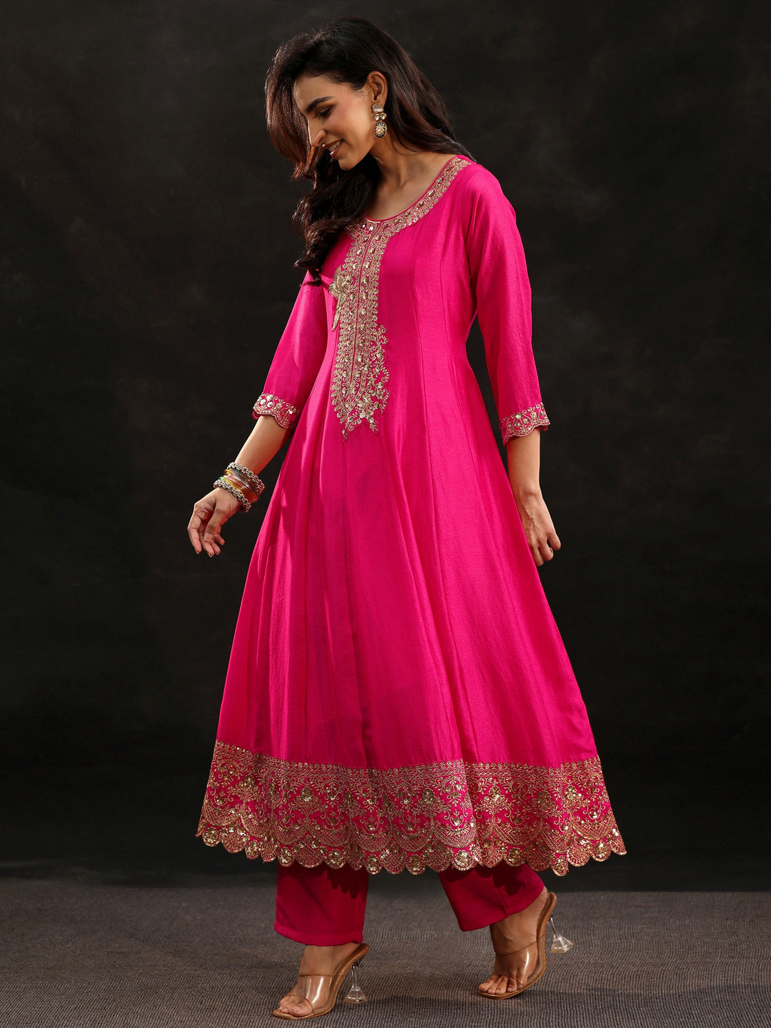 Libas Fuschia Pink Floral Embellished  Silk Blend Anarkali Suit Set