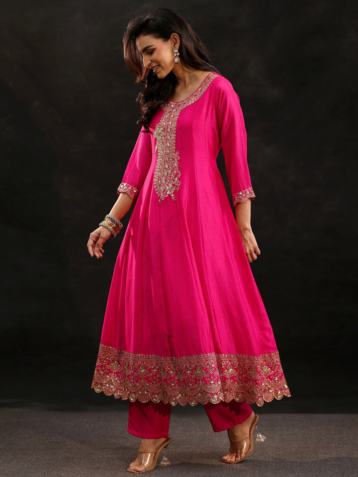 Libas Fuschia Pink Floral Embellished  Silk Blend Anarkali Suit Set