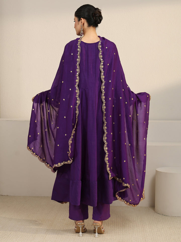 Libas Deep Violet Yoke Embroidered Silk Blend Anarkali Suit Set