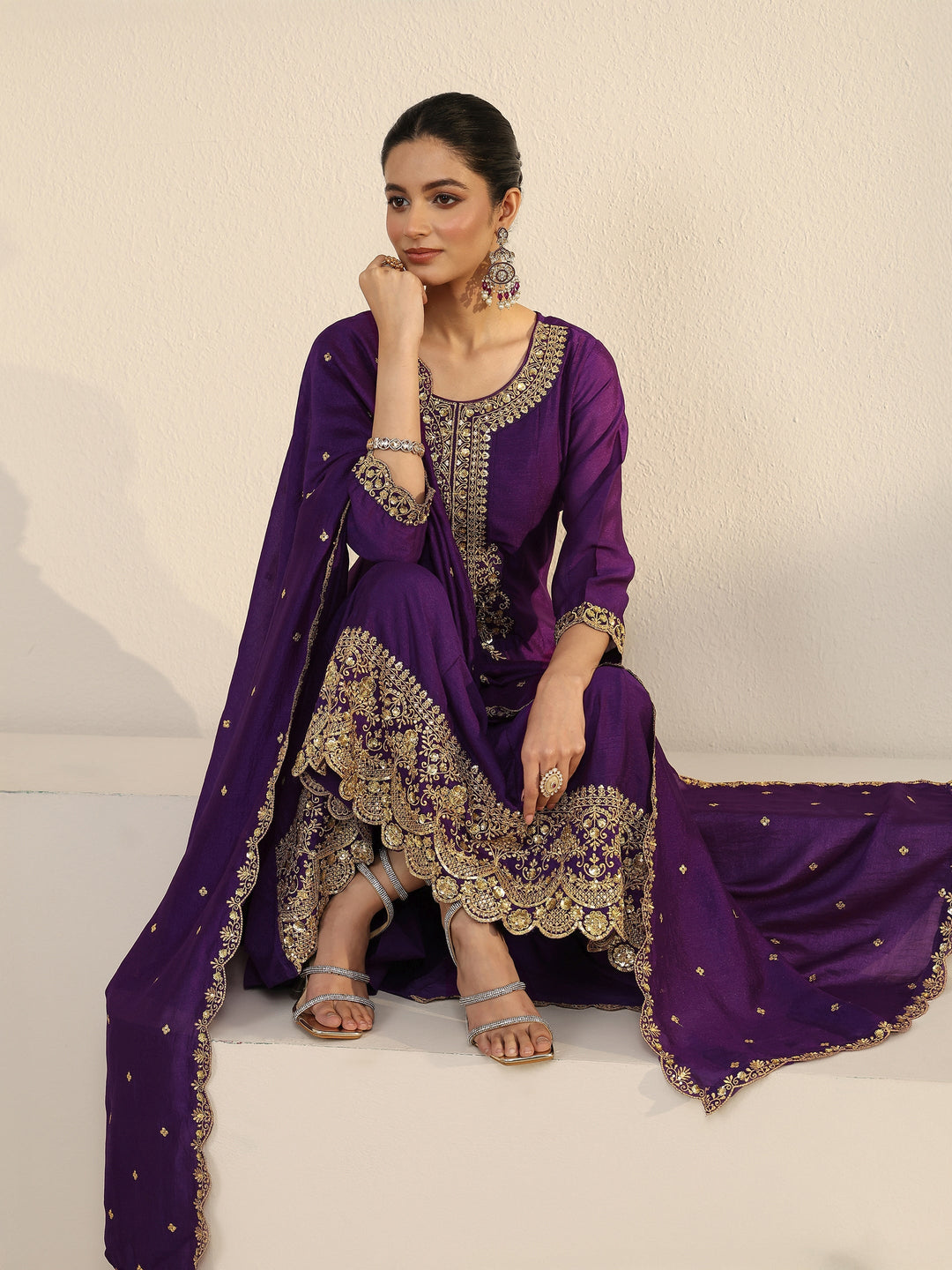 Libas Deep Violet Yoke Embroidered Silk Blend Anarkali Suit Set